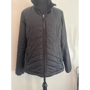 Women’s puffer jacket M/L black fur lined zip pockets water resistant casual